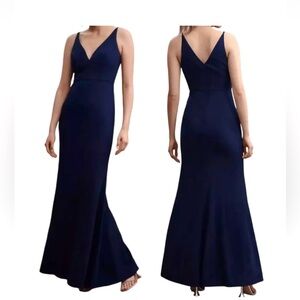 Anthropologie BHLDN Tatum V-Neck Crepe Gown Maxi Dress Navy Blue Women's Size M